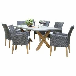 Outlet โญ Outdoor Interiors 7-Piece Teak And Composite Top Table Set With Slate Brown Dining Chairs ๐ฅ