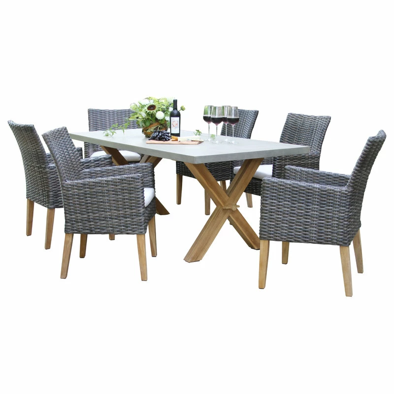Outlet ⭐ Outdoor Interiors 7-Piece Teak And Composite Top Table Set With Slate Brown Dining Chairs 🔥