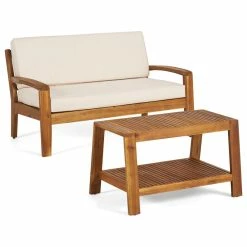 Best reviews of ๐ GDFStudio GDF Studio Christian Outdoor Acacia Wood Loveseat/Coffee Set, Teak Finish/Beige โ