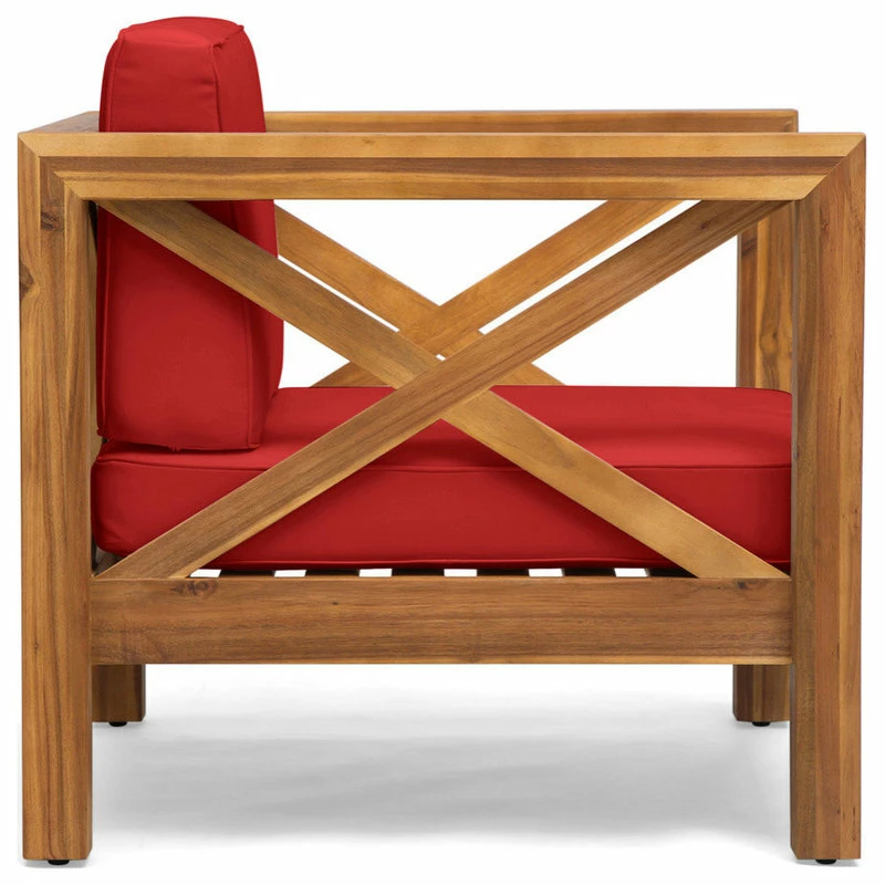 Budget ⭐ GDFStudio Indira Outdoor Acacia Wood Club Chair With Cushion, Red 😉 - Image 3