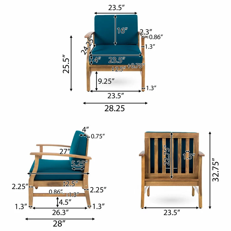 Deals 🔔 GDFStudio GDF Studio Pearl Outdoor Teak Acacia Wood Club Chairs With Cushion, Blue, Set Of 😀 - Image 3