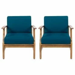 Deals 🔔 GDFStudio GDF Studio Pearl Outdoor Teak Acacia Wood Club Chairs With Cushion, Blue, Set Of 😀