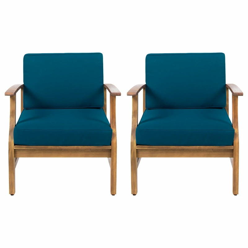 Deals 🔔 GDFStudio GDF Studio Pearl Outdoor Teak Acacia Wood Club Chairs With Cushion, Blue, Set Of 😀