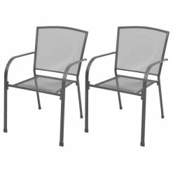 Hot Sale 💯 Vida XL LLC VidaXL 2x Stackable Patio Chairs Steel Gray Outdoor Garden Dining Mesh Seats 💯