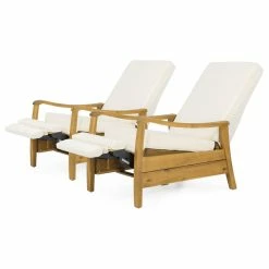 Best Pirce 😀 GDFStudio Sadlier Outdoor Acacia Wood Recliner Chair, Cushions, Set Of 2, Cream/Teak ⭐