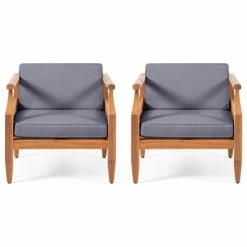 Cheap 🎉 GDFStudio Jossie Outdoor Acacia Wood Club Chair W/ Cushion,Set Of 2, Teak Finish And Dark 🎉