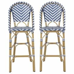 Best Sale ๐ GDFStudio Grelton Outdoor Aluminum French Barstools, Set Of 2, Navy Blue/White/Bamboo ๐