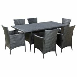Deals 🛒 GDFStudio Macalla Outdoor 7 Piece Wicker Dining Set With Water-Resistant Cushions ✔️