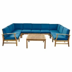 Promo 🤩 GDFStudio GDF Studio Judith Outdoor 9 Seater Sectional Sofa Set With Cushion, Teak/Blue 🛒