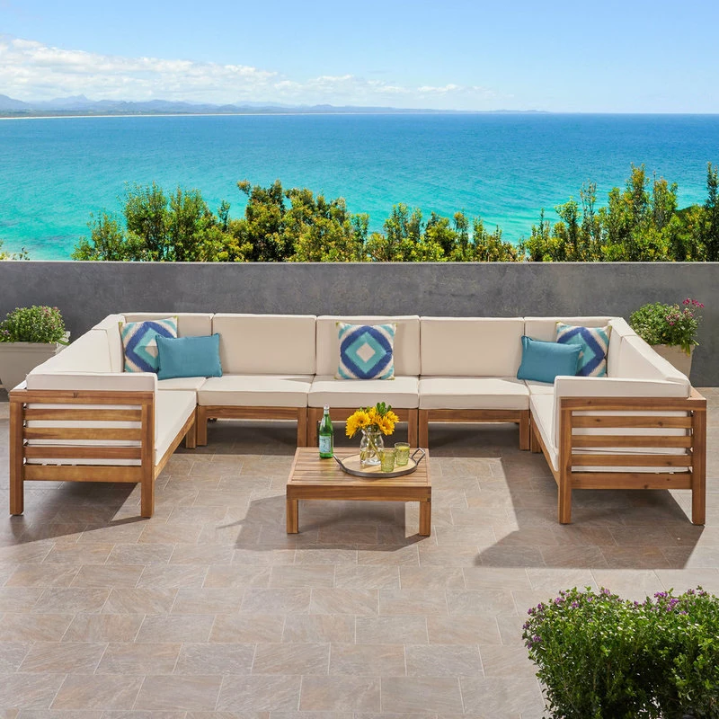 New 🔥 GDFStudio Emma Outdoor 9 Seater Acacia Wood Sectional Sofa Set, Beige ✨ - Image 2
