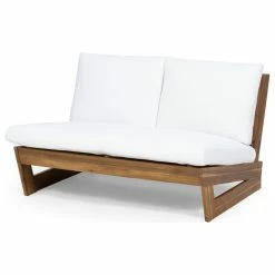 Buy 🎉 GDFStudio Kaitlyn Outdoor Acacia Wood Loveseat With Cushions, Teak Finish/White ⌛