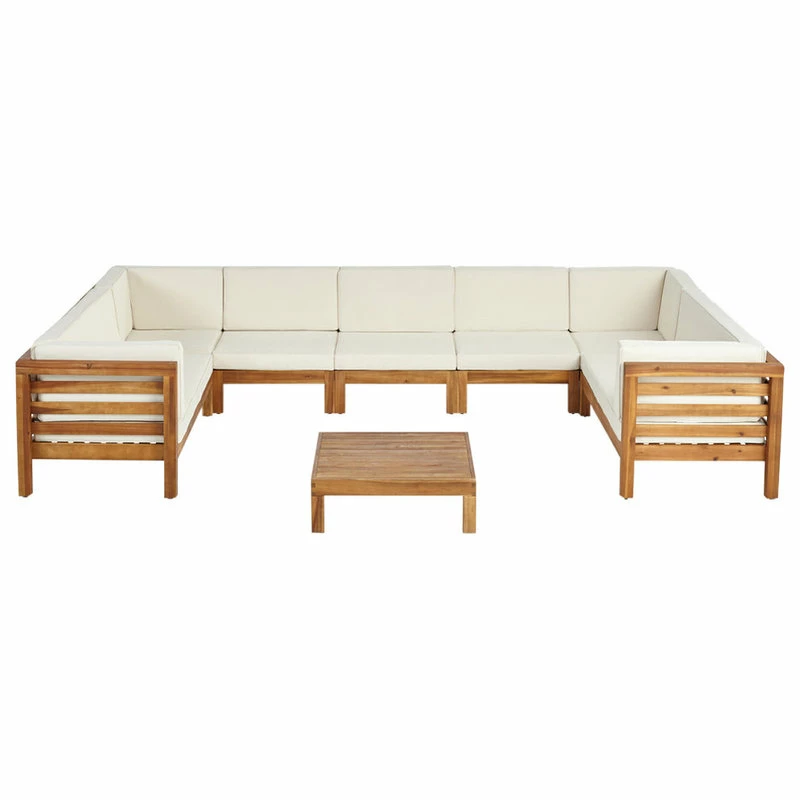 New 🔥 GDFStudio Emma Outdoor 9 Seater Acacia Wood Sectional Sofa Set, Beige ✨