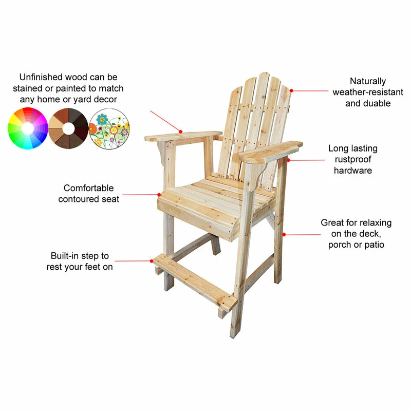 Discount 🥰 Home Garden Collections Balcony Tall, Counter High Adirondack Chair With Footrest, Natural Wood 💯 - Image 5