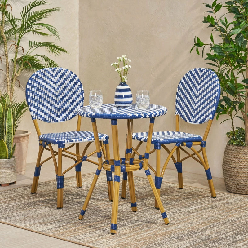 Coupon ❤️ GDFStudio Deshler Outdoor Aluminum French Bistro Set, Navy Blue, White, And Bamboo Finish 🧨 - Image 2