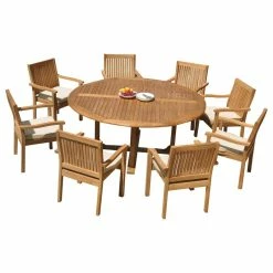 Best deal โญ Teak Deals 9-Piece Outdoor Teak Dining Set: 72" Round Table, 8 Leveb Stacking Arm Chairs ๐