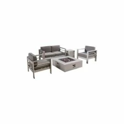 Best Sale ๐ฅ GDFStudio Coral Bay Outdoor Aluminum Khaki Chat Set With Fire Table, Light Gray ๐คฉ