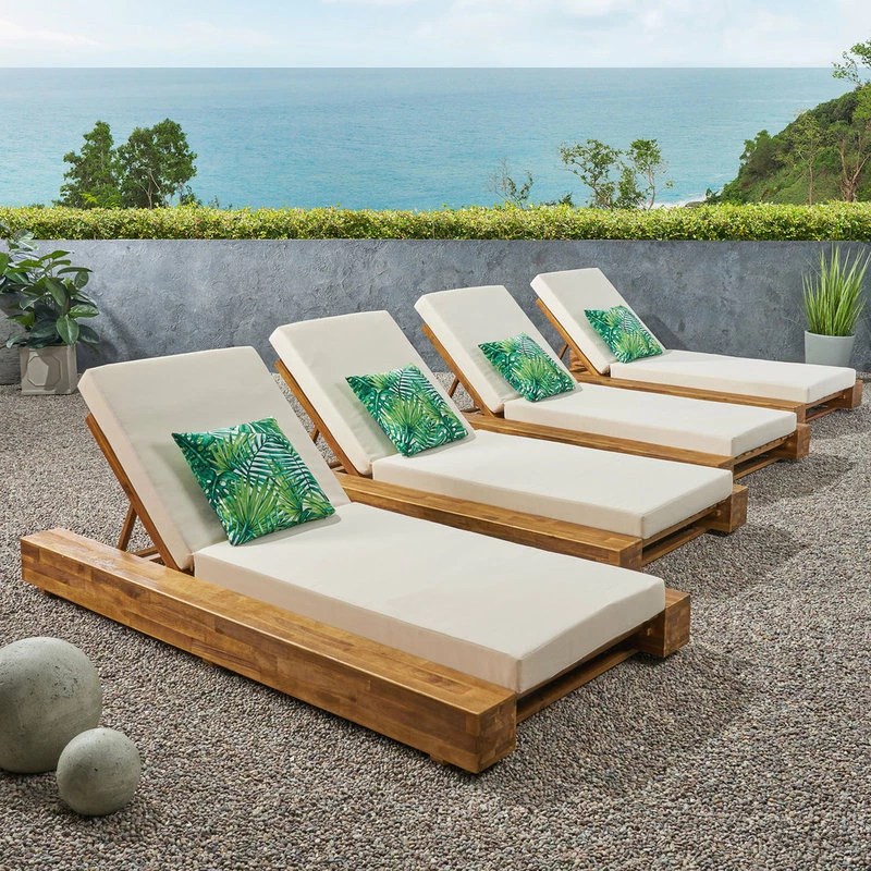 New โ๏ธ GDFStudio Setlla Acacia Wood Chaise Lounge And Cushion Set, Set Of 4, Cream ๐ - Image 2