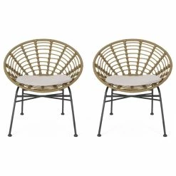 Budget 😀 GDFStudio Mia Outdoor Wicker Dining Chair With Cushion, Set Of 2, Light Brown, Black, Beig 🎁