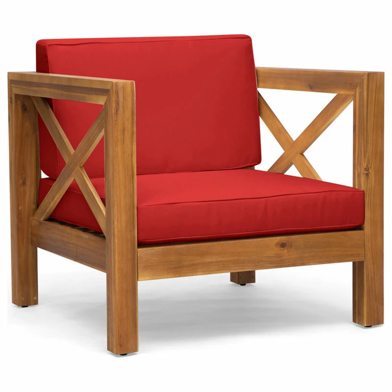 Budget ⭐ GDFStudio Indira Outdoor Acacia Wood Club Chair With Cushion, Red 😉 - Image 6