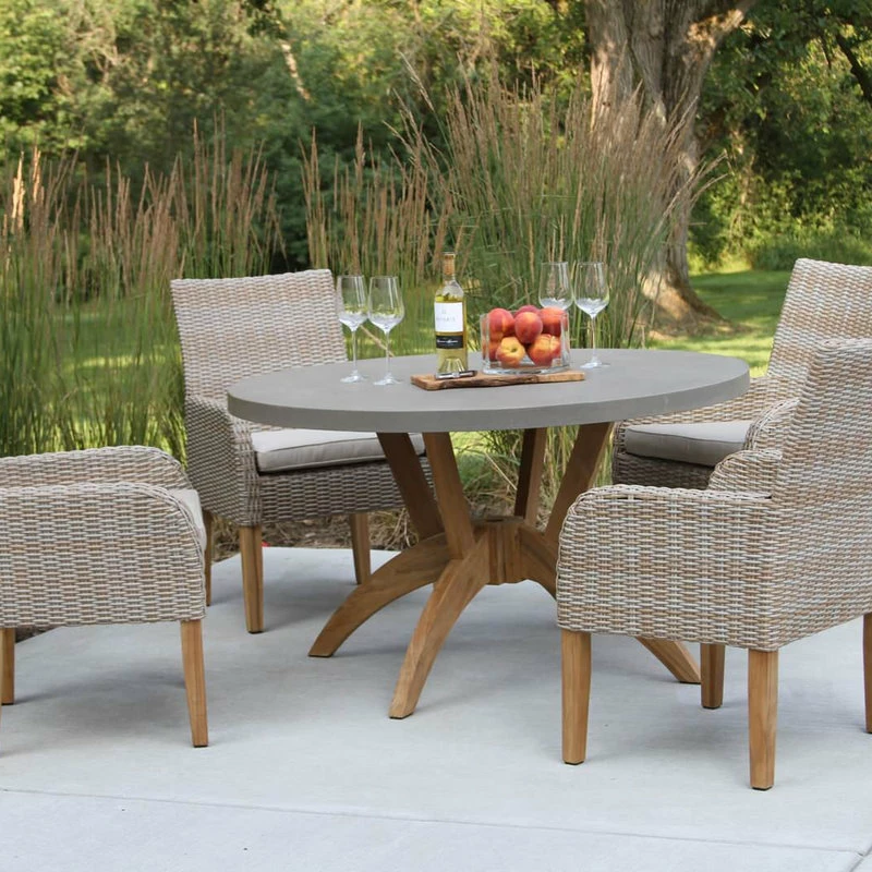 Cheap ❤️ Outdoor Interiors 5-Piece Nautical Teak, Ash Gray Wicker Round Dining Set, Sunbrella 😀 - Image 2