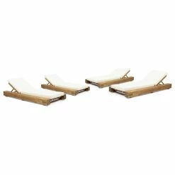 New โ๏ธ GDFStudio Setlla Acacia Wood Chaise Lounge And Cushion Set, Set Of 4, Cream ๐
