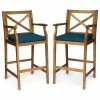 Hot Sale 🔥 GDFStudio GDF Studio Logan Outdoor Acacia Wood Barstools, Set Of 2, Teak Finish/Blue 🧨