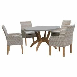 Cheap ❤️ Outdoor Interiors 5-Piece Nautical Teak, Ash Gray Wicker Round Dining Set, Sunbrella 😀
