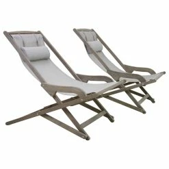 Deals 😀 Outdoor Interiors 2-Piece Gray Wash Eucalyptus Folding Swing Lounger Set 👏