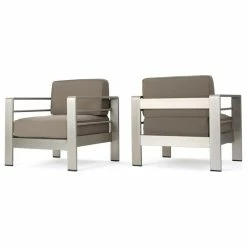 Outlet โจ GDFStudio Crested Bay Outdoor Aluminum Club Chairs With Cushions, Silver + Khaki, Set Of 2 โญ