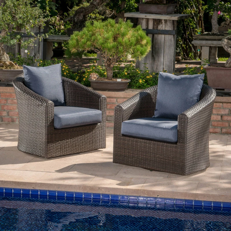 Best Pirce ๐งจ GDFStudio GDF Studio Dillard Outdoor Mix Brown Wicker Swivel Club Chair, Navy Blue, Set Of โ - Image 2