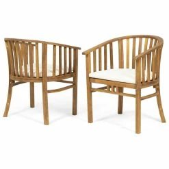 Outlet โ๏ธ GDFStudio Nola Outdoor Wooden Dining Chairs With Cushions, Set Of 2, Cream, Teak Finish ๐งจ