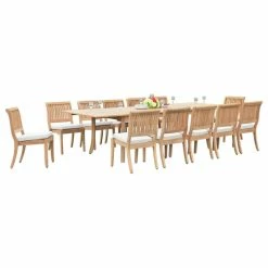 Promo 👏 Teak Deals 13-Piece Teak Dining Set, 117" Rectangle Table, 12 Arbor Stacking Armless Chairs 🤩