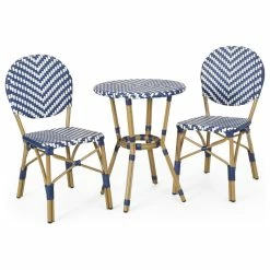 Coupon ❤️ GDFStudio Deshler Outdoor Aluminum French Bistro Set, Navy Blue, White, And Bamboo Finish 🧨