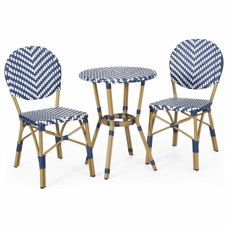 Coupon ❤️ GDFStudio Deshler Outdoor Aluminum French Bistro Set, Navy Blue, White, And Bamboo Finish 🧨