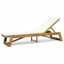 Promo ๐ฏ GDFStudio Charlotte Outdoor Acacia Wood Chaise Lounge And Cushion Set, Cream ๐