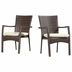 Brand new 🔔 GDFStudio GDF Studio Melba Outdoor Wicker Dining Chairs With Beige Cushions, Set Of 2 💯