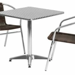 Hot Sale 🔔 Flash Furniture 27.5'' Square Aluminum Indoor-Outdoor Table Set With 2 Dark Brown Rattan Chairs ❤️