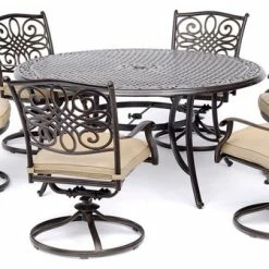 Outlet ✔️ Hanover Traditions 7-Piece Dining Set With 60" Round Cast-top Table, Tan 🔔