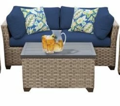 Promo 🧨 TKClassics TK Classics Monterey 5 Piece Wicker Sofa Set With Navy Cushions 😀